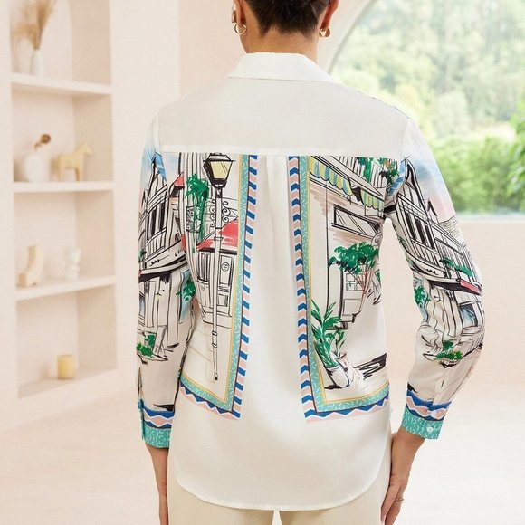 White Boho Womens Street View Print Button Up Shirt - Picture 2 of 5